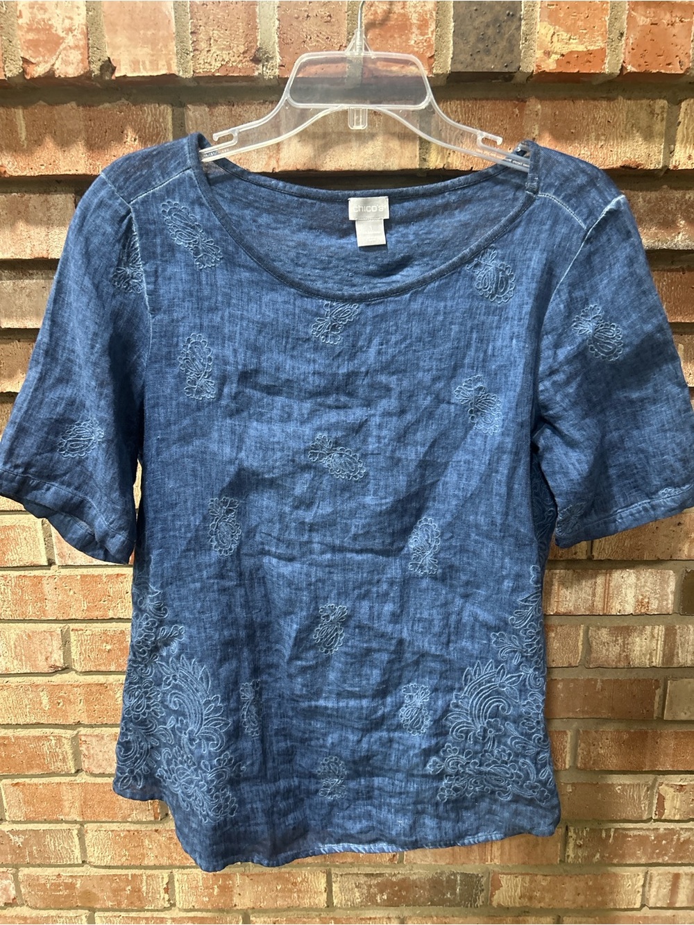 Chico's Indigo Blue Short Sleeve Embroidered Linen Top